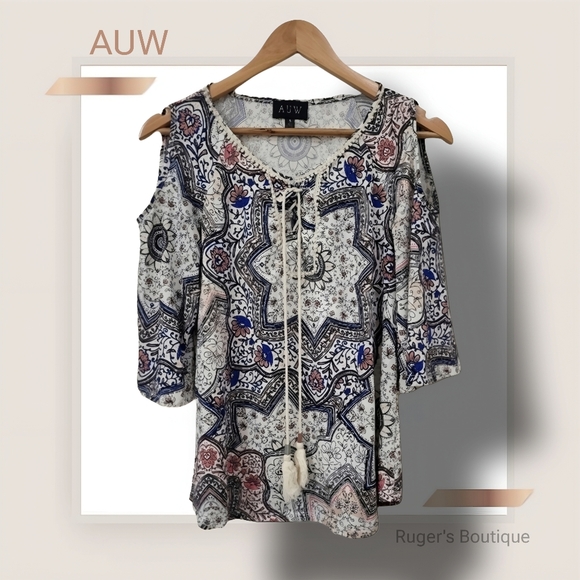🌿AUW Womens Small Drop Sleeve Multi Print Top with Tassel Ties-So cute! - Picture 3 of 12